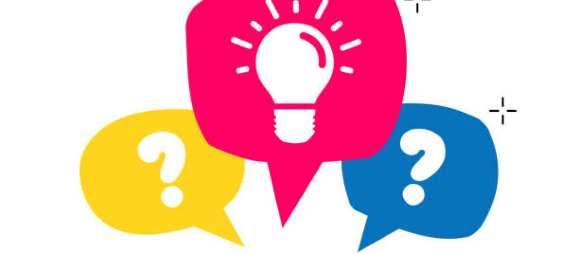 Question mark icon and lamp in color speech bubble. Concept of dialogue and finding a solution to the problem. Vector illustration,